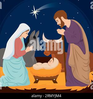 Christmas manger with joseph mary and jesus christ characters Vector Stock Vector