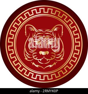Golden outline of tiger on chinese ornament Vector Stock Vector