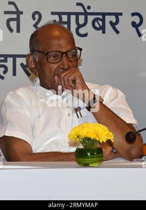 Mumbai, India. 30th Aug, 2023. Nationalist Congress Party (NCP) chief Sharad Govindrao Pawar is seen during the Maha Vikas Aghadi (MVA) press conference in Mumbai. The press conference was held ahead of Indian National Developmental Inclusive Alliance (INDIA) third meeting to be held on 31st August and 1st September 2023. Credit: SOPA Images Limited/Alamy Live News Stock Photo