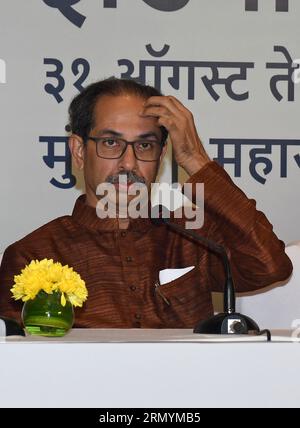 Mumbai, India. 30th Aug, 2023. Shiv Sena (UBT) chief Uddhav Thackeray is seen during the Maha Vikas Aghadi (MVA) press conference in Mumbai. The press conference was held ahead of Indian National Developmental Inclusive Alliance (INDIA) third meeting to be held on 31st August and 1st September 2023. Credit: SOPA Images Limited/Alamy Live News Stock Photo