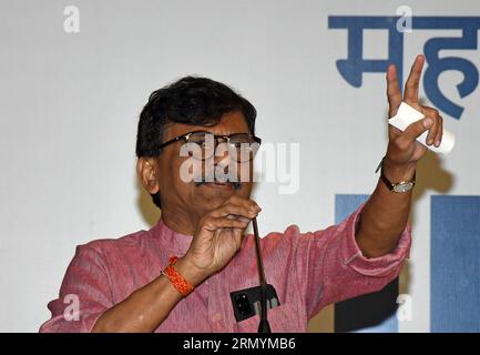 Mumbai, India. 30th Aug, 2023. Shiv Sena (UBT) Member of Parliament (MP) Sanjay Raut speaks during the Maha Vikas Aghadi (MVA) press conference in Mumbai. The press conference was held ahead of Indian National Developmental Inclusive Alliance (INDIA) third meeting to be held on 31st August and 1st September 2023. Credit: SOPA Images Limited/Alamy Live News Stock Photo