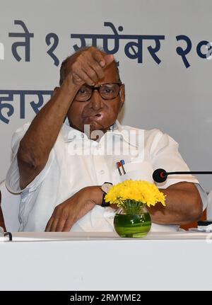 Mumbai, India. 30th Aug, 2023. Nationalist Congress Party (NCP) chief Sharad Govindrao Pawar gestures with his hand during the Maha Vikas Aghadi (MVA) press conference in Mumbai. The press conference was held ahead of Indian National Developmental Inclusive Alliance (INDIA) third meeting to be held on 31st August and 1st September 2023. Credit: SOPA Images Limited/Alamy Live News Stock Photo