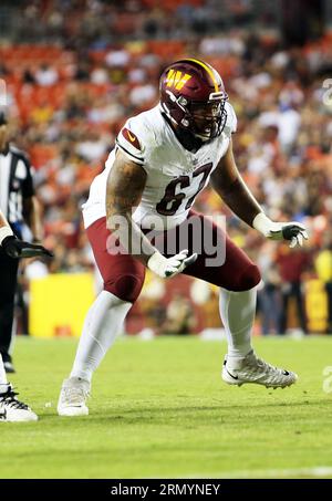 Washington Commanders offensive tackle Aaron Monteiro (67) blocks during an NFL  preseason football game against the Cincinnati Bengals, Saturday, August  26, 2023 in Landover. (AP Photo/Daniel Kucin Jr Stock Photo - Alamy