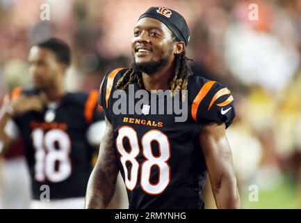 Cincinnati Bengals wide receiver Malachi Carter (88) warms up before an NFL  preseason football game against the Atlanta Falcons, Friday, Aug. 18, 2023,  in Atlanta. The Cincinnati Bengals and the Atlanta Falcons