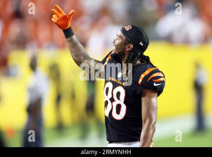 Cincinnati Bengals wide receiver Malachi Carter (88) warms up before an NFL  preseason football game against the Atlanta Falcons, Friday, Aug. 18, 2023,  in Atlanta. The Cincinnati Bengals and the Atlanta Falcons