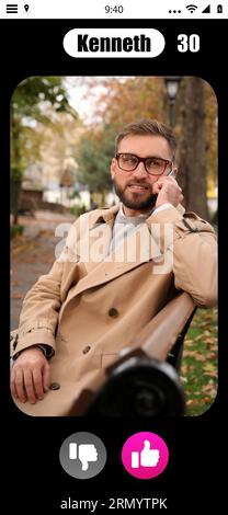 Dating site account of handsome man. Profile photo, information and icons Stock Photo