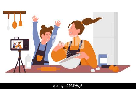 Culinary food blogger recording new video. Woman with daughter cooking online cartoon vector illustration Stock Vector