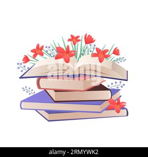 Pile of books with red blooming flowers. Reading lovers, library and book festival cartoon vector illustration Stock Vector