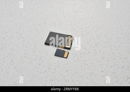 Close up of SD and microSD cards, symbols of compact and efficient storage on chips. Detail of SD and microSD cards, representing the modern concept o Stock Photo