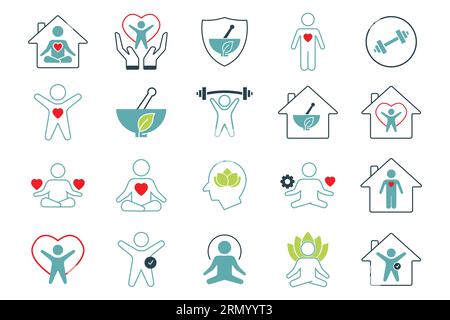 Wellness icon set. Yoga, fitness, spirit meditation, mental relaxation, stress management, self-care, and more. Duo tone colored style design. Simple Stock Vector