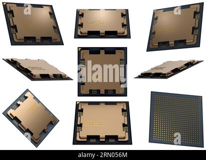 Set of modern central computer processors CPU illustrations concept, unit isolated on white. 3d rendering, concept image, digital chip. Stock Photo