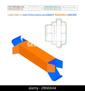 Straight tuck end boxes 1.69X1.69X5.75 inch Die line template and 3D vector file Stock Vector