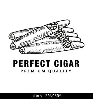 Cuban cigar illustration in Vintage Retro Hand Drawn monochrome style. Design element for logo, emblem, sign, poster, vector Illustration Stock Vector