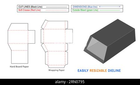 Rigid cover box or sleeve box die line, die cut packaging template design with 3D box Stock Vector