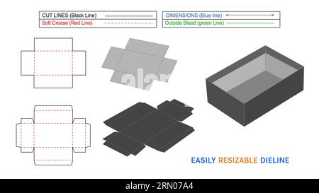Rigid luxury tray box or lid box die line, die cut packaging template design with 3D box Stock Vector