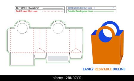 Round cut handle paper shopping gift box paper shopping bag style box die line and 3D vector file Stock Vector