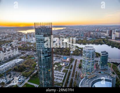 Yekaterinburg skyscraper aerial panoramic view at spring or autumn in clear sunset. Yekaterinburg is the fourth largest city in Russia located on the Stock Photo