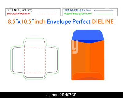 Packaging open end envelope or Catalogue envelope 8.5x10.5 inch dieline template and 3D envelope editable easily resizeable Stock Vector