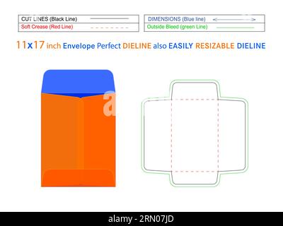 Open end envelope or Catalogue envelope 11x17 inch die line template and 3D envelope editable easily resizeable Stock Vector
