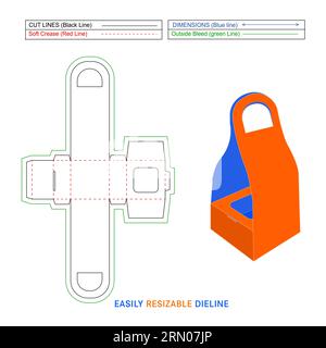 Paper gift box with holding notch and handle die line template and 3D vector file Stock Vector