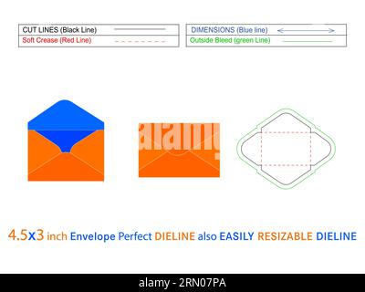 Plain mini envelope 4.5x3 inch die line template and 3D envelope editable easily resizeable Stock Vector