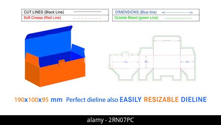 Large size Surgical face mask box die line and 3D box vector file 190 x100 x95 mm box die line also resizeable and editable Stock Vector