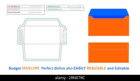 Horizontal Budget Envelope dieline and 3D vector file, Horizontal  style budget envelope editable and resizable  18x9 cm Stock Vector