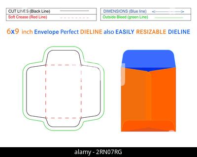 Open end envelope or Catalogue envelope 6x9 inch die line template and 3D envelope editable easily resizeable Stock Vector