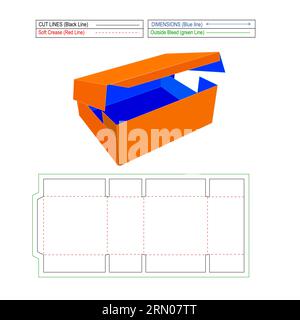 One paper foldable shipping box die line template and 3D vector render Stock Vector