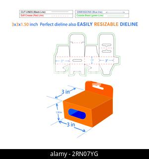 Hanging window box, mobile charger packaging box, 2.50x2.50x1.50 box die line template and 3D box Stock Vector
