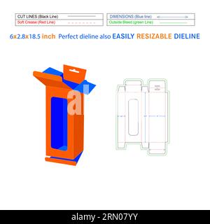 Hanging bottom snap lock mobile charger box, 6x2.8x18.5 inch box die line packaging design and 3D box Stock Vector