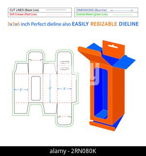 Hanging window box, snap lock mobile charger box, 3x3x6 inch box die line packaging design and 3D box Stock Vector