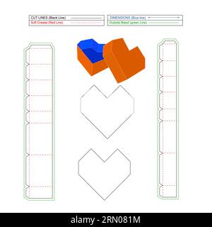 Heart Shape Chocolate box heart gift box die line template and 3d box, Resizeable and editable vector file Stock Vector