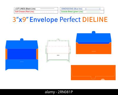 Envelope wedding invitation template design 3x9 inch die line template and 3D vector envelope Stock Vector