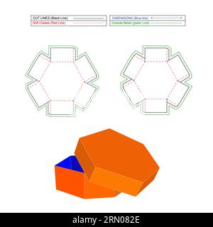 Hexagon box die line template and 3d render, editable and resizeable vector file Stock Vector