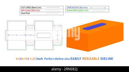Face tissue box perfect die line and 3D box vector file 9.5x4.75x5.25 inch box die line also resizeable and editable Stock Vector