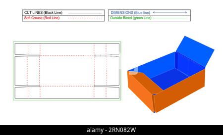 Folding Corrugated tray box and corrugated tray template, 3D render and Die line template with editable and resizeable Stock Vector