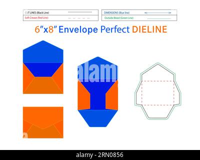 Envelope design 6x8 inch die line template and 3D Wedding invitation envelope editable easily resizeable Stock Vector