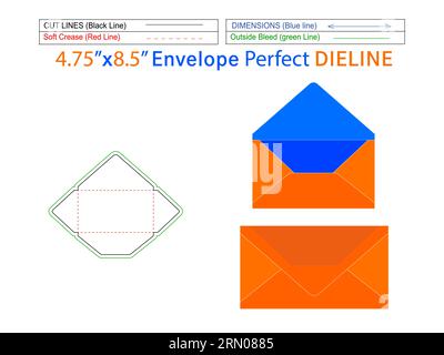 Envelope 4.75x8.5 inch die line template and 3D envelope editable easily resizeable Stock Vector