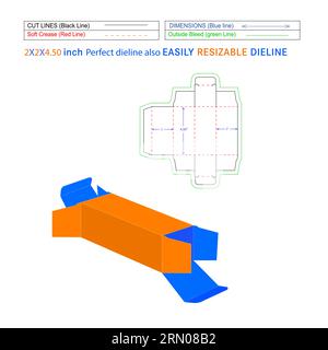 Custom Straight tuck end folding box packaging 2x2x4.50 inch Die line template and 3D vector file Stock Vector