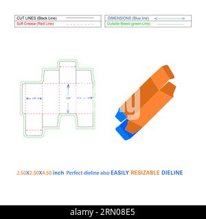 Custom RTE reverse tuck end folding box (2.50x2.50x4.50) inch box Die line template and 3D vector file Stock Vector
