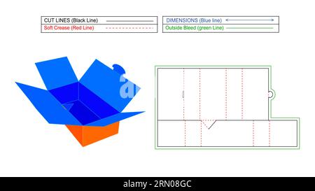 Corrugated foldable box without glue use, Die line template and 3D render editable and resizeable vector file Stock Vector