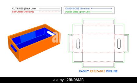Corrugated crate box, fruit carton box die line and 3D vector, easily editable and resizeable file Stock Vector