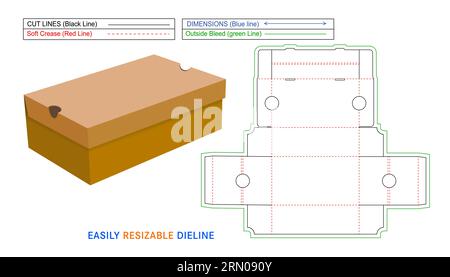 Cardboard Shoes box without glue box, easily and perfectly foldable box die line template and 3D box Stock Vector