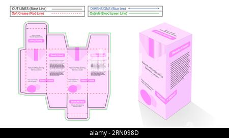 Beauty cream reverse tuck end print ready packaging box design with perfect die line and 3D box Stock Vector