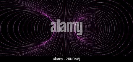 Wormhole wireframe structure. Neon geometric dotted outline grid tunnel backdrop. 3D funnel or vortex texture. Pink abstract energy lines on dark background. Vector illustration wallpaper.  Stock Vector
