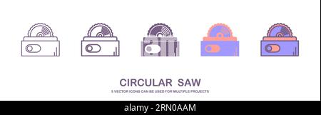 Flat vector icon of circular saw with steel toothed disc. Electric hand tool for cutting wood or metal. Building equipment. vector illustration Stock Vector