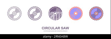 Flat vector icon of circular saw with steel toothed disc. Electric hand tool for cutting wood or metal. Building equipment. vector illustration Stock Vector