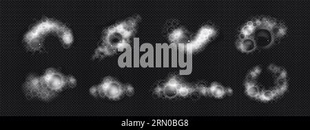 Realistic set of bath foam splashes isolated on transparent background. Vector illustration of white soap sud with air bubbles, shampoo lather, washing detergent froth texture, chemical reaction Stock Vector