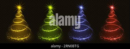 Realistic set of colorful Christmas light trees isolated on transparent background. Vector illustration of spiral and cone neon yellow, blue, green, red xmas swirls decorated with stars. Holiday decor Stock Vector